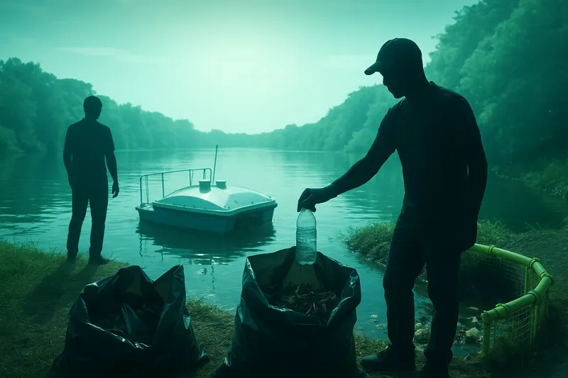 Autonomous cleanup vessel on a river as workers collect plastic waste