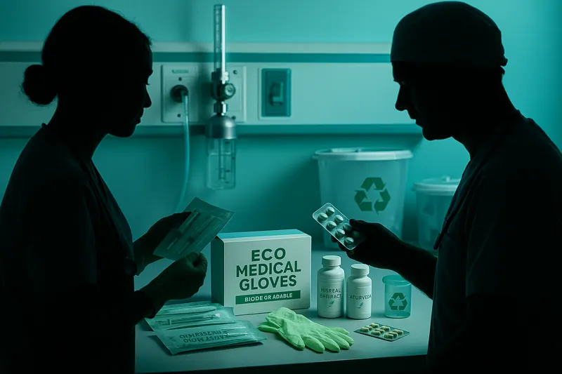 Clinicians reviewing eco medical gloves and supplies