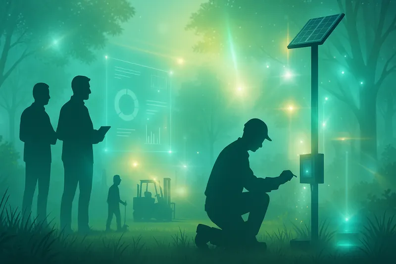 Technicians working with smart sustainable equipment in a green setting