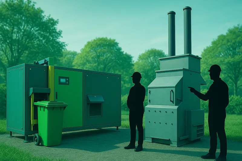 Engineers inspecting composting and waste processing units outdoors