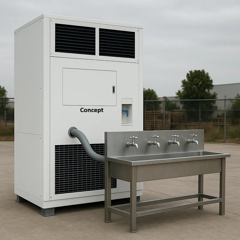Large atmospheric water generator concept feeding a four-tap wash station
