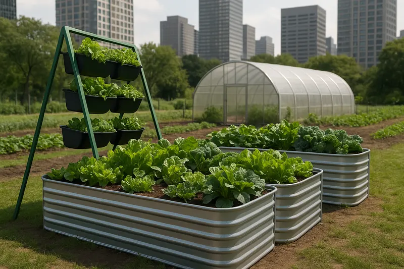 Raised garden beds, vertical planters and a greenhouse in a city park