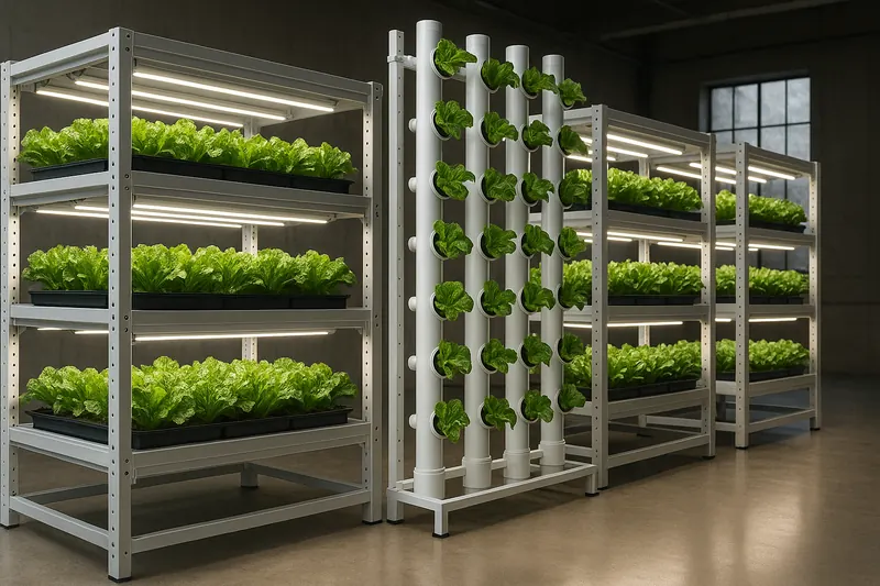 Indoor vertical farm with lit shelving racks and hydroponic towers of lettuce