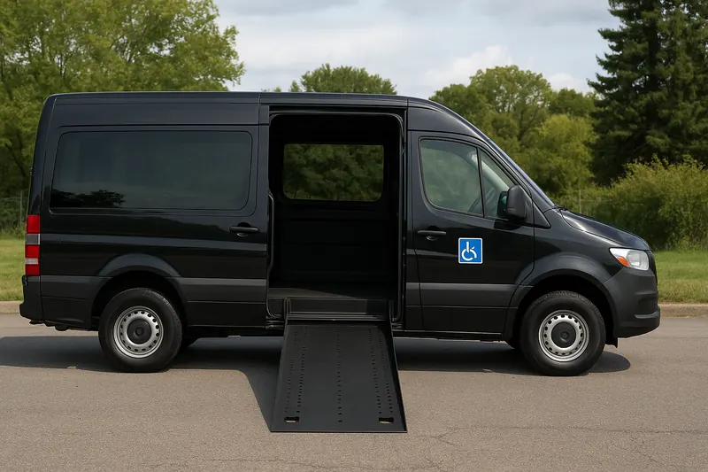 Black wheelchair-accessible van with side ramp deployed, side view