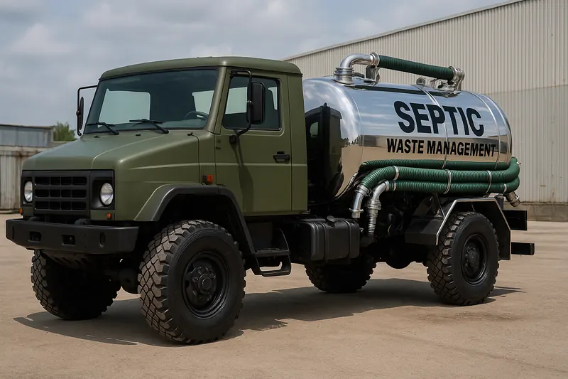 Off-road septic tanker truck with stainless steel tank