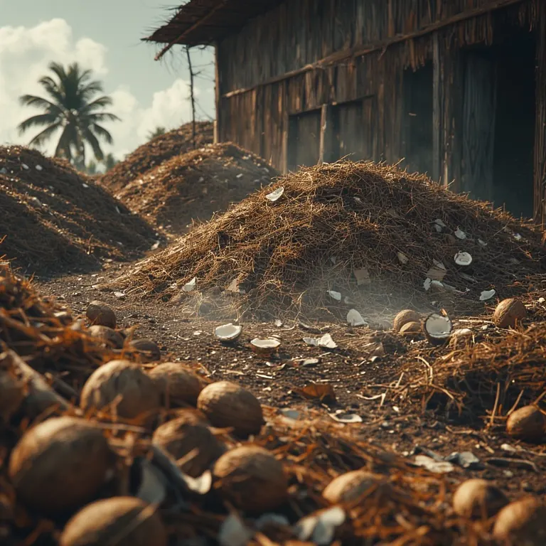 Piles of coconut husks outside a rural barn