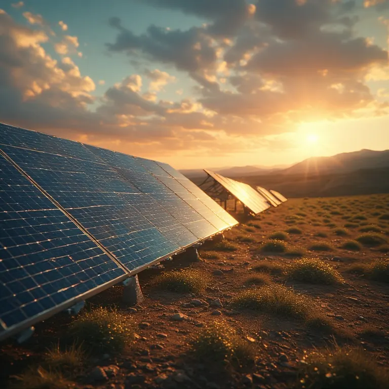 Rows of solar panels on open land at sunset
