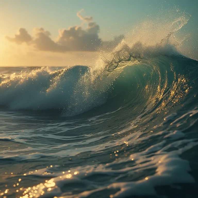 A breaking ocean wave lit by the setting sun