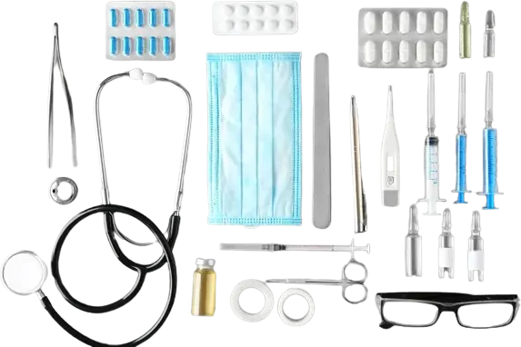 Flat lay of stethoscope, syringes, face mask, thermometer and medicines
