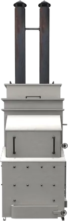 Ash treatment unit with twin flues, side view