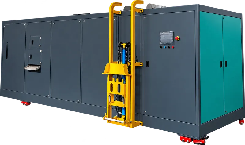 In-vessel composter unit with yellow bin lift, angled view