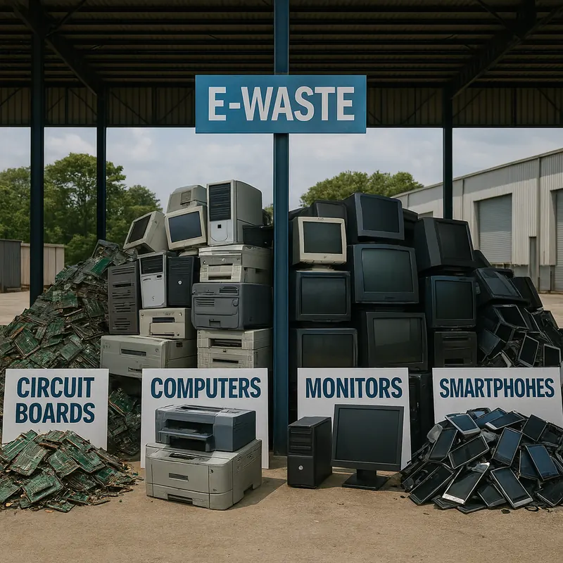 E-waste collection yard sorted into circuit boards, computers, monitors and smartphones