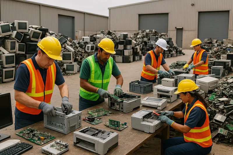Workers in safety gear dismantling electronics at a recycling facility